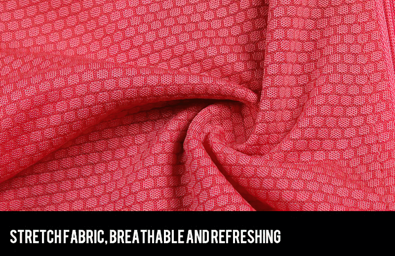 Close-up of red stretch fabric for breathable cycling jersey, showcasing texture and flexibility.